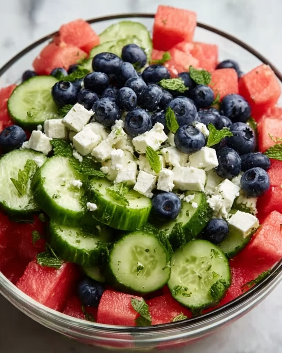Watermelon Feta Salad with Cucumber and Blueberries Recipe - Recipe Image