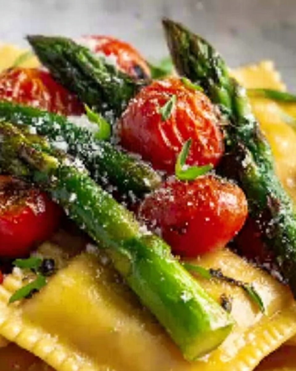 Ravioli with Tomatoes, Asparagus, Garlic, and Herbs Recipe - Recipe Image