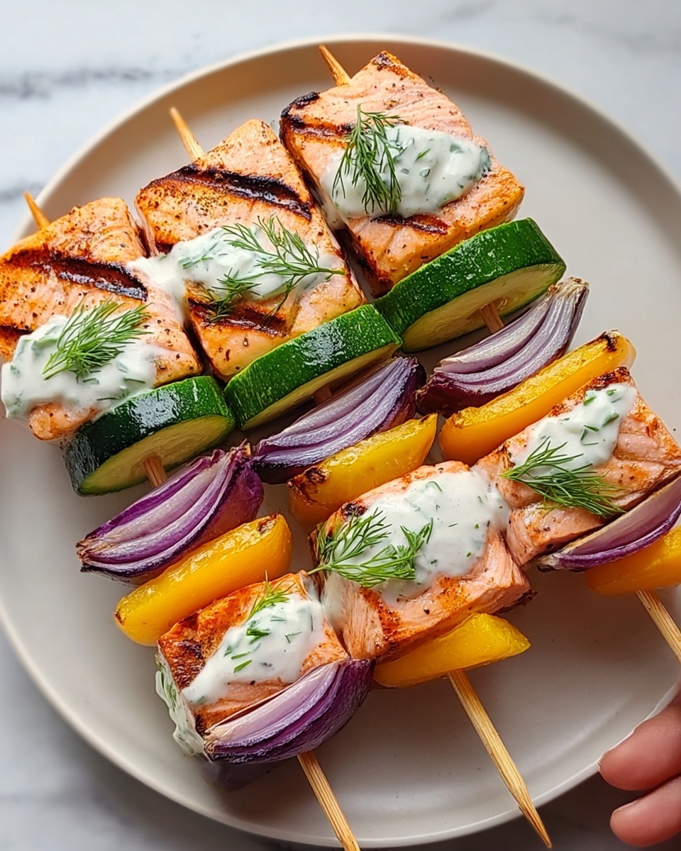 Grilled Salmon Skewers with Creamy Dill Yogurt Sauce Recipe - Recipe Image