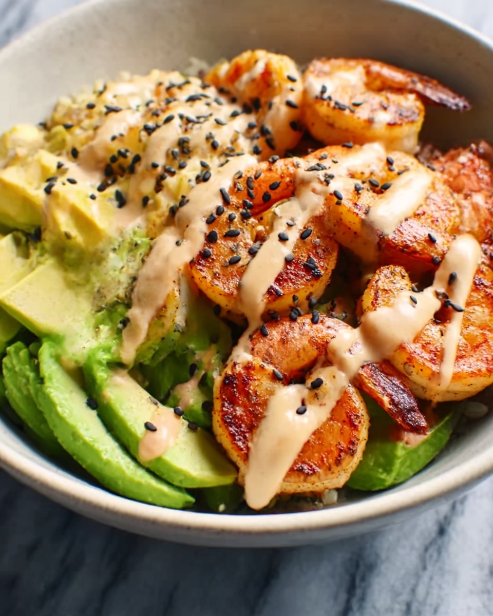 Grilled Shrimp Bowl with Avocado, Corn Salsa, and Creamy Lime Sauce Recipe - Recipe Image