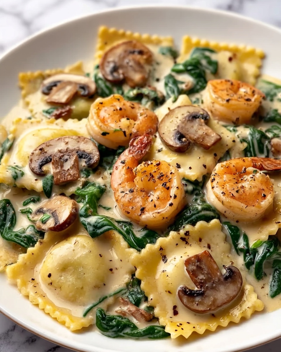 Seafood Ravioli with Spinach and Mushrooms in Garlic Cream Sauce Recipe - Recipe Image
