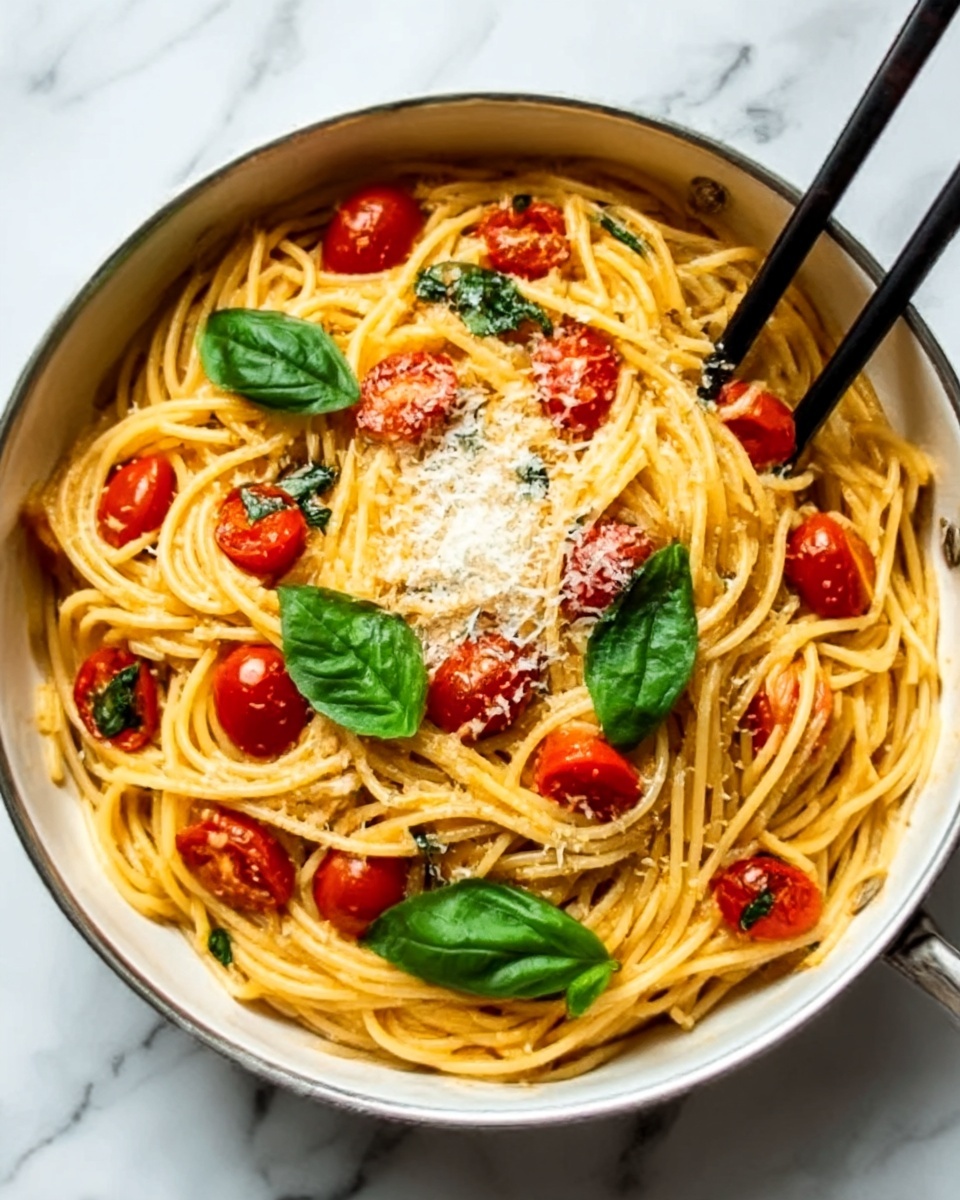 One Pan Pasta with Cherry Tomatoes, Spinach, and Parmesan Recipe - Recipe Image