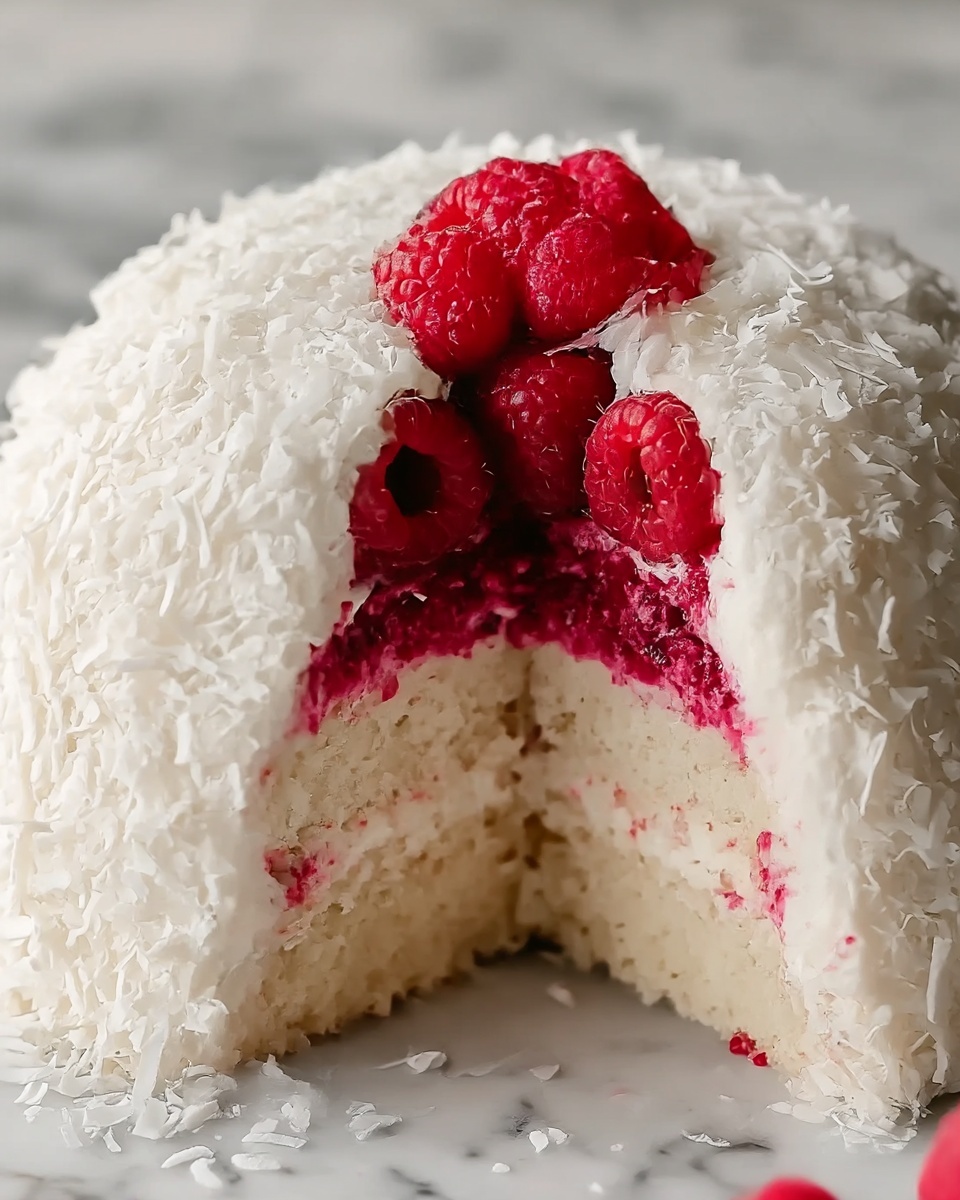 Raspberry Swirl Coconut Snowball Cake Recipe - Recipe Image