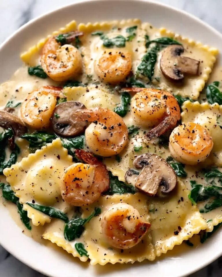 Seafood Ravioli with Spinach and Mushrooms in Garlic Cream Sauce Recipe