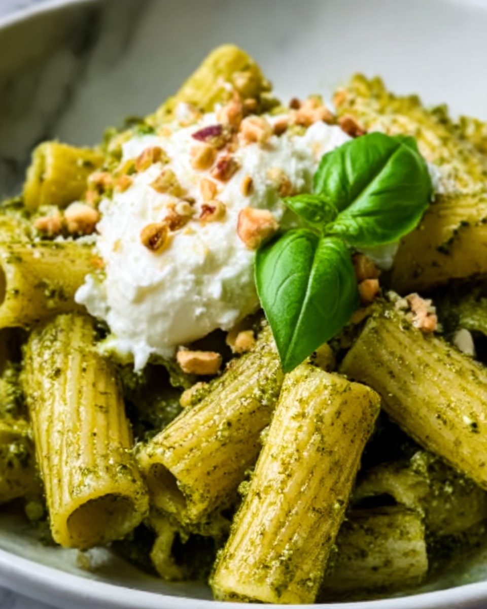 Creamy One Pot Rigatoni with Basil-Pistachio Pesto & Burrata Recipe - Recipe Image