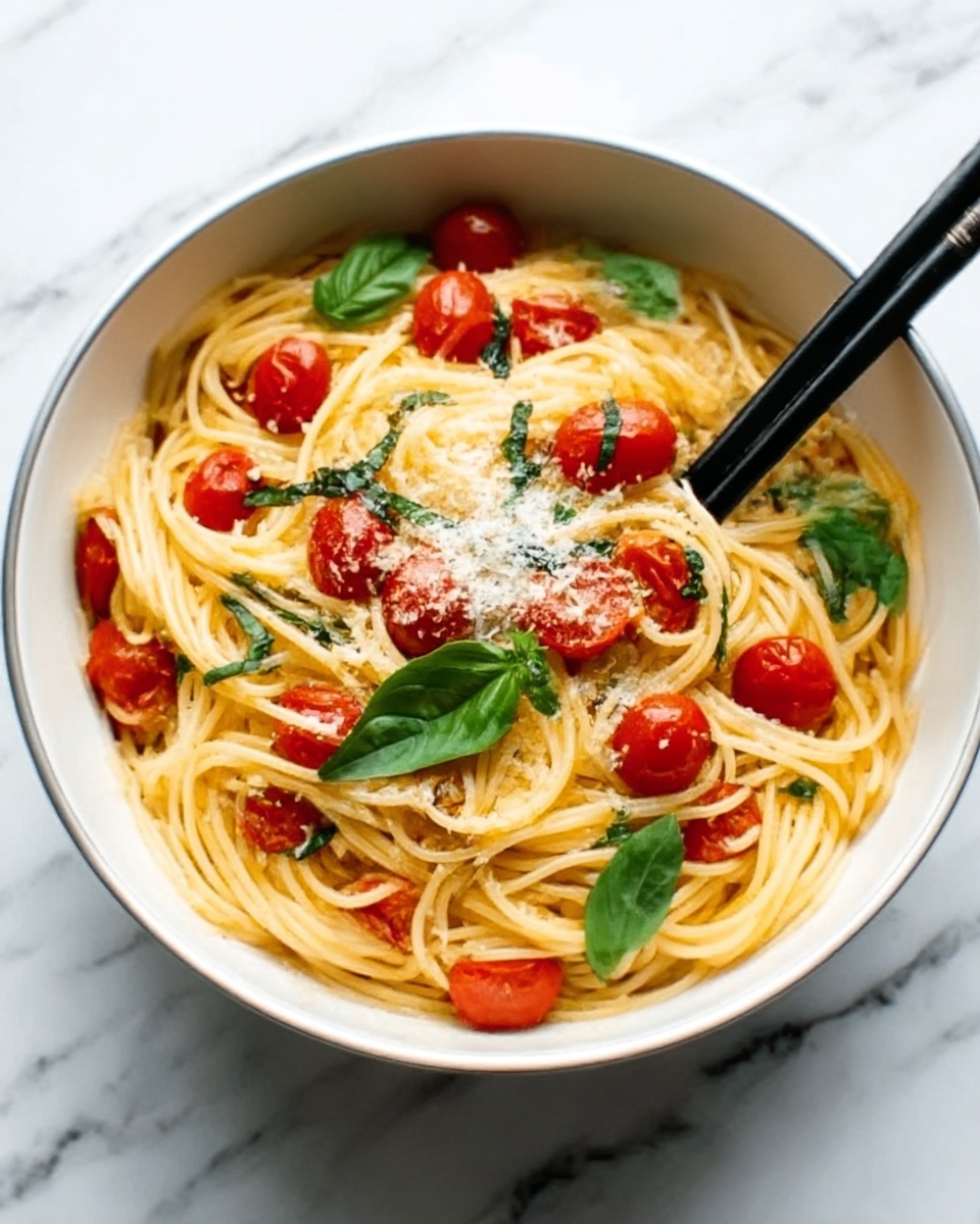 One Pan Pasta with Cherry Tomatoes, Spinach, and Parmesan Recipe - Recipe Image