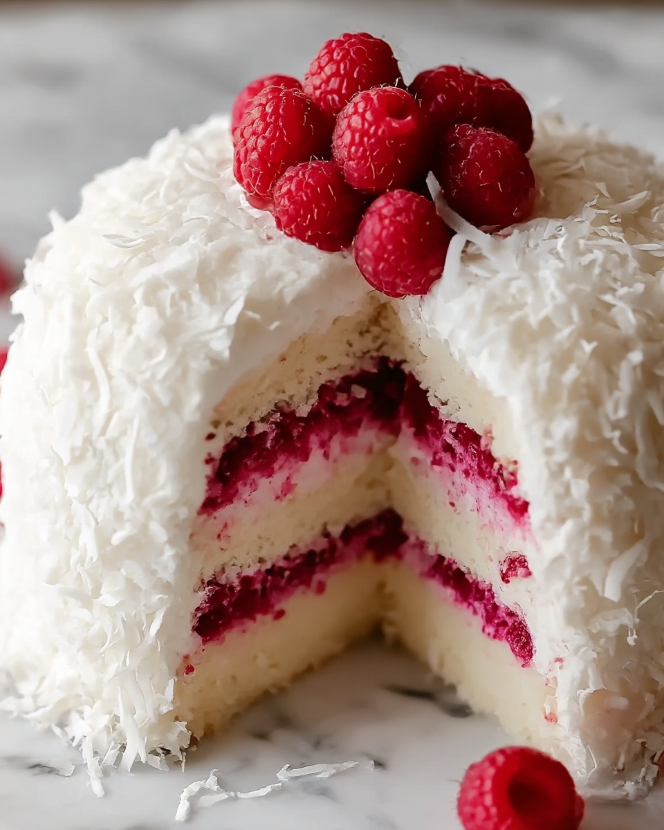 Raspberry Swirl Coconut Snowball Cake Recipe - Recipe Image