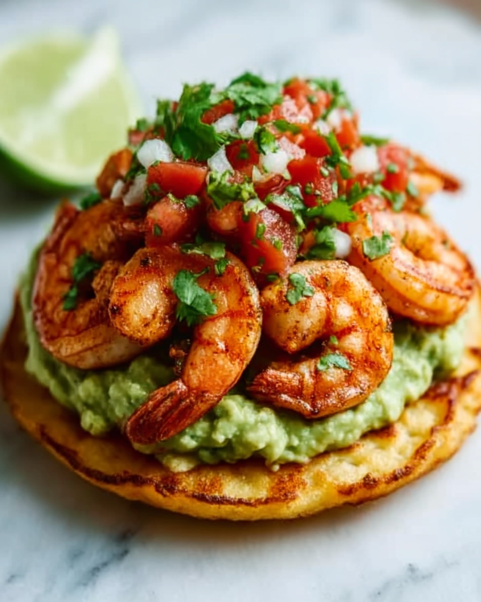 Grilled Shrimp Tostadas with Guacamole and Pico de Gallo Recipe - Recipe Image