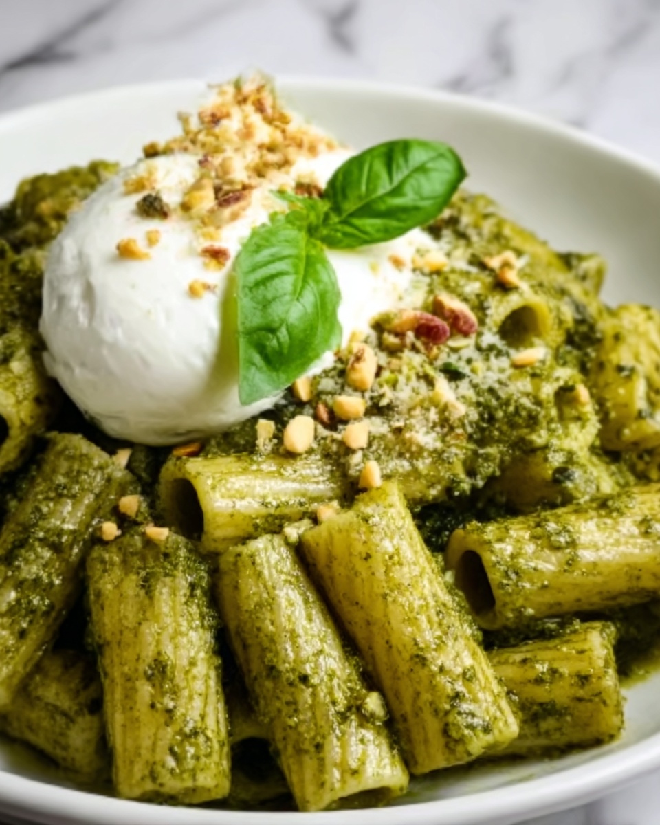Creamy One Pot Rigatoni with Basil-Pistachio Pesto & Burrata Recipe - Recipe Image