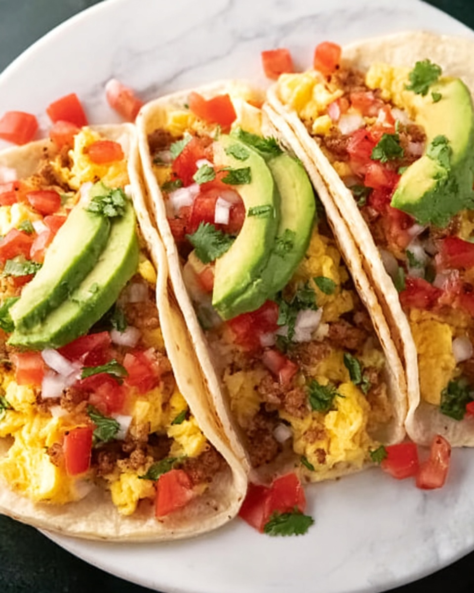 Breakfast Tacos with Scrambled Eggs, Sausage or Bacon, and Fresh Toppings Recipe - Recipe Image