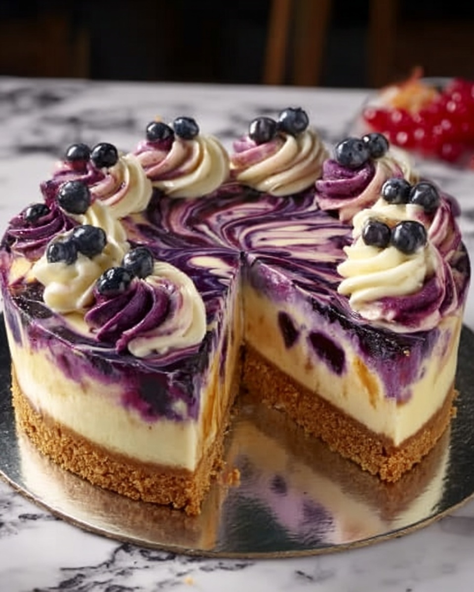 Elegant White Chocolate Blueberry Swirl Cheesecake Recipe - Recipe Image