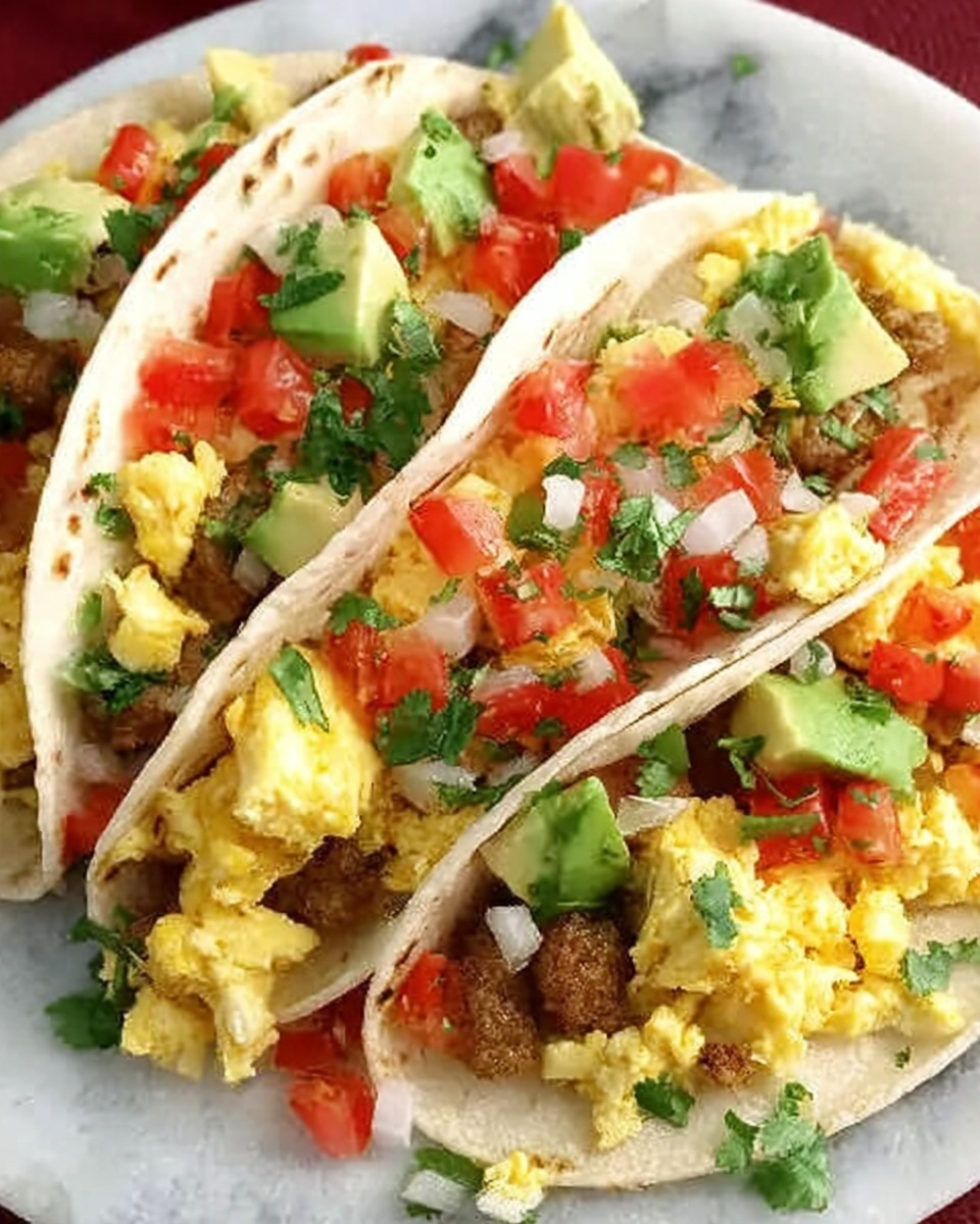 Breakfast Tacos with Scrambled Eggs, Sausage or Bacon, and Fresh Toppings Recipe - Recipe Image